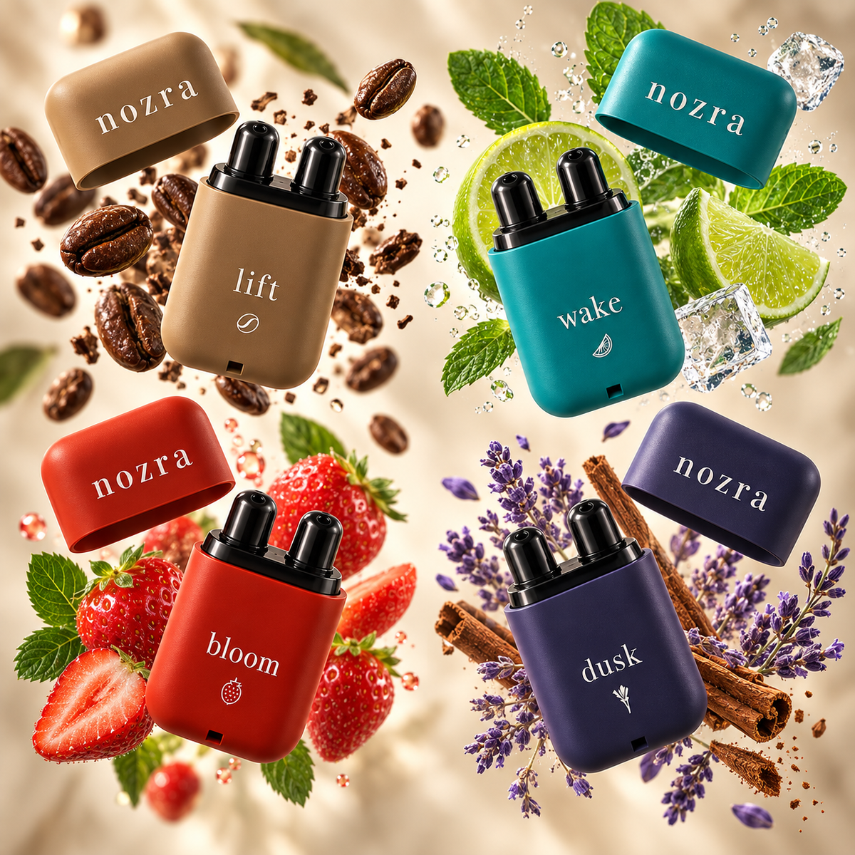 The four sticks among coffee beans, lime, mint, strawberries, lavender and cinnamon